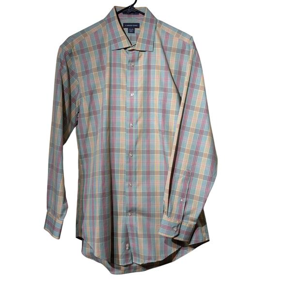 Lands' End Mint Plaid No Iron Tailored Fit Button Front Mens' Size 16-33 Shirt - Picture 1 of 9